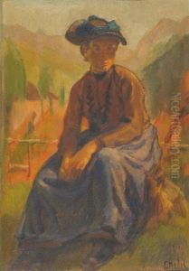 Sitzende Walliser Trachtenfrau Vor Bergkulisse by Ernst Hodel the Younger
