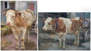 Hausrind Vor Stallung (+ Kuh Vor Holzkarren, Oil On Canvas Laid On Artist Board, Smllr; 2 Works) by Ernst Hodel the Younger