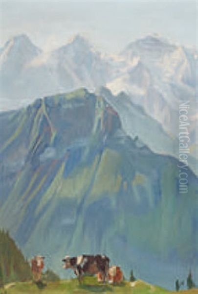 Gebirgslandschaft Mit Weidenden Kuhen - view 1
