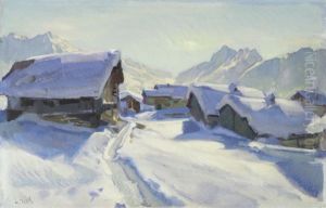Verschneite Berghutten Im Sonnenschein by Ernst Hodel the Younger