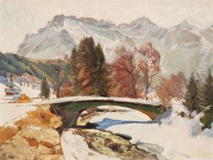 Winterliche Bachlandschaft Mit Kleiner Brucke by Ernst Hodel the Younger