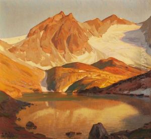 Gebirgslandschaft Mit Gletscher Und Bergsee by Ernst Hodel the Younger