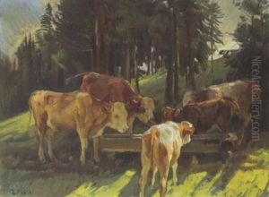 Kuhe An Der Tranke by Ernst Hodel the Younger