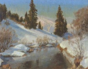 Winterliche Landschaft Mit Bach Unter Blauem Himmel Winterliche Landschaft Mit Bach Unter Blauem Himmel
