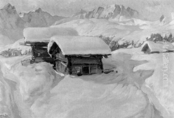 Verschneite Berghutten Im Sonnenschein - view 1