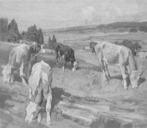 Kuhe Auf Der Weide Bei Einem See by Ernst Hodel the Younger