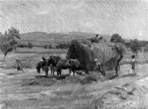 Sommerlandschaft Mit Bauern Bei Der Heuernte by Ernst Hodel the Younger