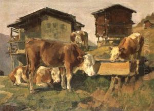 Kuhe An Der Tranke by Ernst Hodel the Younger