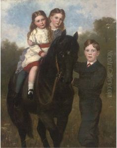 Portrait Of The Cherwynd Children, Full-length, Two Girls On A Horse Being Held By Their Brother, In A Paddock by Sydney Hodges