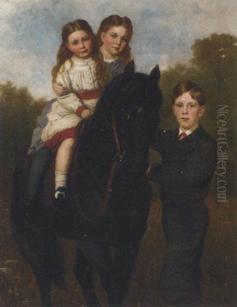 Portrait Of The Chetwynd Children, Two Girls On A Horse Being Held By Their Brother, In A Paddock - view 1
