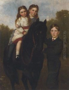 Portrait Of The Chetwynd Children, Two Girls On A Horse Being Held By Their Brother, In A Paddock by Sydney Hodges