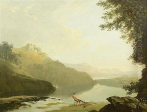 A Mountainous River Landscape With A Fisherman Hauling In His Nets