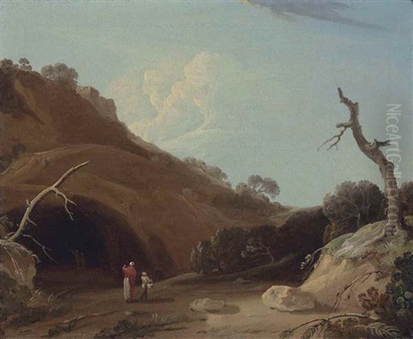 A Hilly Indian Landscape With Figures Passing By A Cave - view 1