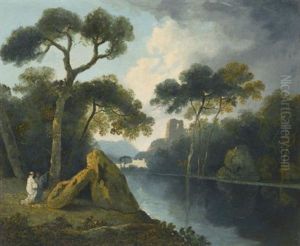 A River Landscape With Monks Conversing By A Pair Of Megaliths, With Ruins Beyond by William Hodges