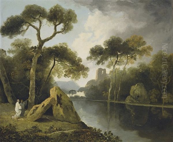 A River Landscape With Monks Conversing By A Pair Of Megaliths, Ruins Beyond - view 1