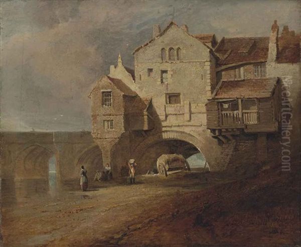 Elvet Bridge, Durham, With Figures On The Bank Of The River Wear - view 1