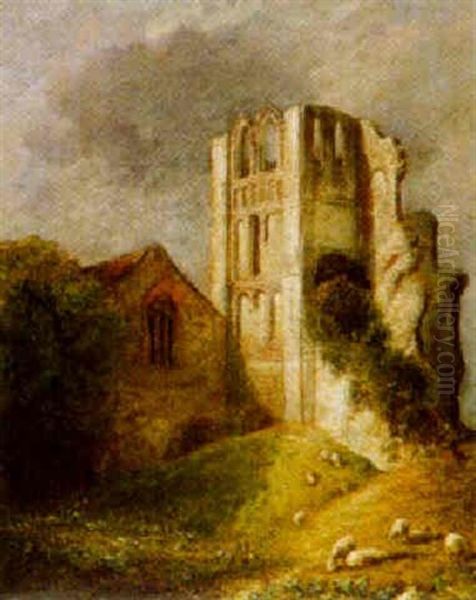 Sheep Grazing Near A Ruined Abbey - view 1