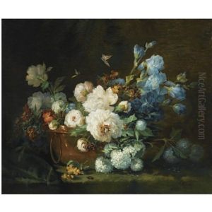 A Flower Still Life With Peonies, Irises, Hydrangea In A Copper Kettle, A Beetle And Butterflies by Marie (Mme. Beloux-Hodieux) Hodieux