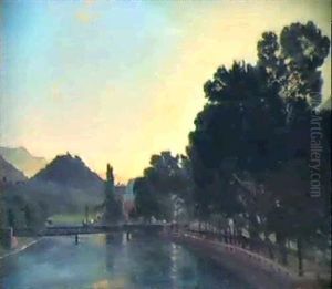 Die Aare Bei Interlaken Mit Dem Burghugel Von Ringgenberg - Ein Morgen In Interlaken by Ferdinand Hodler