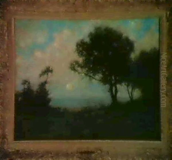Pastoral Landscape Of Meadow, Trees, Moon And Sky - view 1