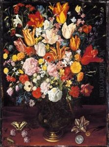 A Still Life Of Tulips, Pink Peonies And Other Flowers In A Vase Resting On A Wooden Surface With A Caterpillar A Butterfly And Coins by Kasper or Gaspar van den Hoecke