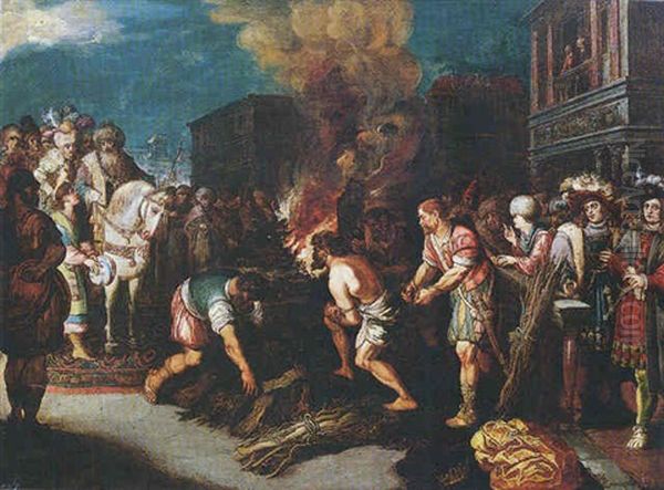 A Man Being Led To A Burning Pyre, Elegantly-dressed Spectators Watching Nearby - view 1