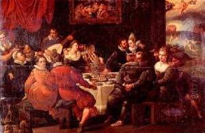 An Elegant Party At A Banquet by Kasper or Gaspar van den Hoecke