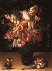 A Still Life Of Flowers In A Glass Vase With A Butterfly On A Ledge by Kasper or Gaspar van den Hoecke