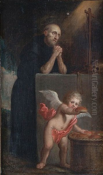 A Saint In Prayer With Angel Distributing Bread - view 1