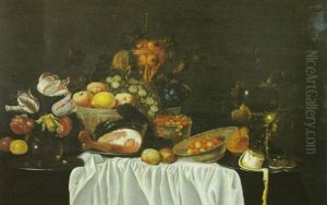 Nature Morte A La Corbeille De Fruits, Vase De Fleurs Et Pieces D'orfevrerie Disposes Sur Une Table