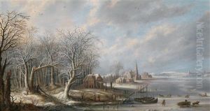 Winterlandschaft Mit Einer Stadt Und Einem Zugefrorenen Gewasser