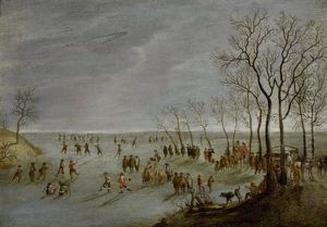 Winterlandschaft Mit Schlittschuhlaufern Auf Zugefrorenem Fluss by Robert van den Hoecke