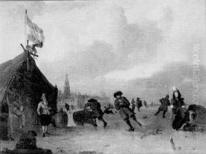 Figures Skating On Ice Near A Dutch Town