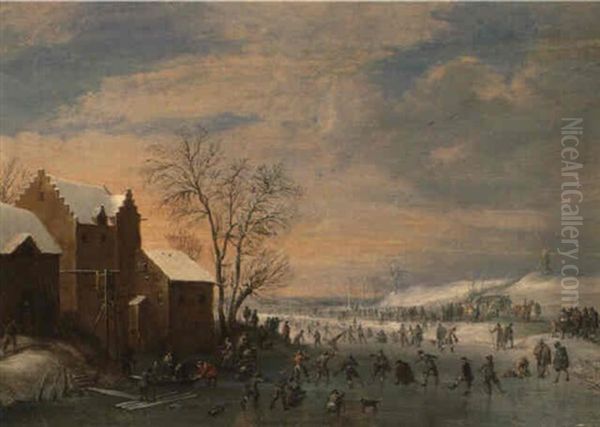 A Winter Lancscape With Skaters On A Frozen River - view 1