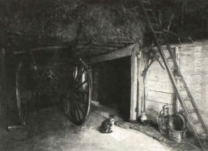 Heuschober Mit Leiterwagen Mit Katze Vor Der T_r by Paul Hoecker