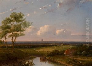 River Landscape With A Moored Sailboat By A Farm