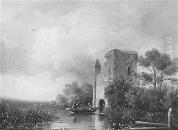 Landschap Met Jagers In Roeiboot Bij Ruine - view 1