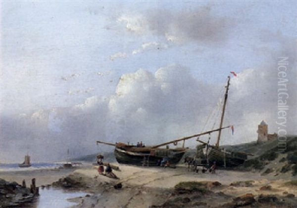A Beachscene With Moored Vessels On The Shore - view 1
