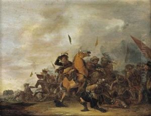 A Battle Scene With An Engagement Between Cavalry And Foot Soldiers by Abraham van der Hoef