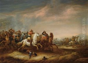 A Cavalry Battle Scene by Abraham van der Hoef