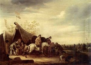 An Encampment With Soldiers Near A Tent And Horsemen Nearby, Other Soldiers And Cavalry In The Background by Abraham van der Hoef