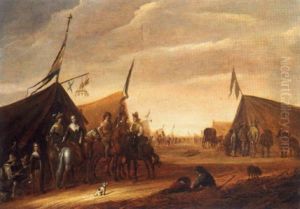 A Military Encampment With Soldiers And Female Company On Horseback by Abraham van der Hoef