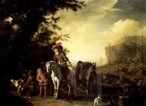 An Elegant Huntsman Taking Refreshment From A Boy, A Hunting Party Cornering A Bull Beyond