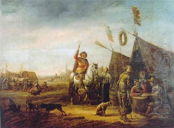 An Encampment Scene With A Cavalry Officer Taking Refreshment, Soldiers Playing Cards And Numerous Other Figures - view 1