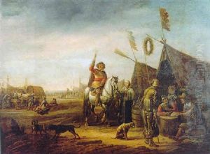An Encampment Scene With A Cavalry Officer Taking Refreshment, Soldiers Playing Cards And Numerous Other Figures by Abraham van der Hoef