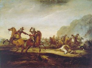 A Cavalry Skirmish In An Italianate Landscape Beside A Rocky Outcrop