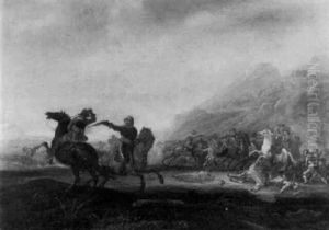 A Calvary Skirmish In A Mountainous Landscape by Abraham van der Hoef