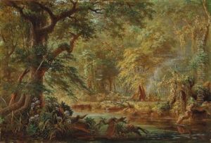 Brazilian Indian Camp Beside A River In The Rainforest by Johann Adolf Hoeffler