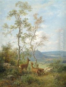 Drei Rehe Auf Einer Anhohe Vor Weiter Taunuslandschaft, Im Hintergrund Blick Auf Burg Falkenstein