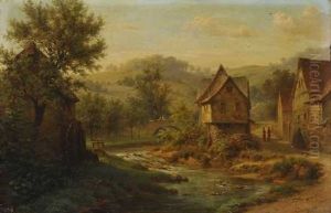 Partie In Einem Dorf An Einem Kleinen Fluss by Johann Adolf Hoeffler